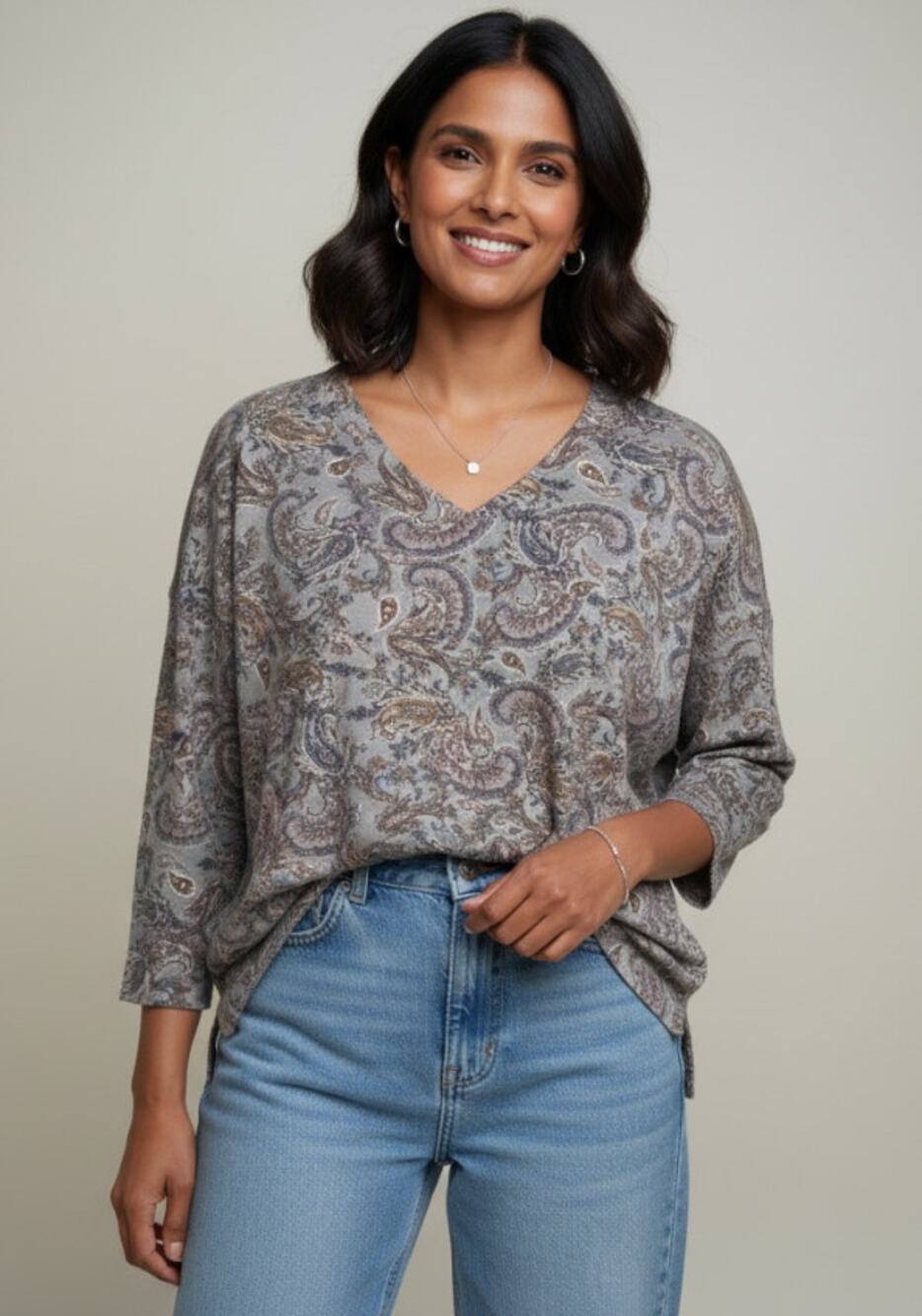 J. JILL SIMPLY SUPIMA V-NECK TUNIC TOP GRAY PAISLEY PRINT WOMENS LARGE - Picture 1 of 11